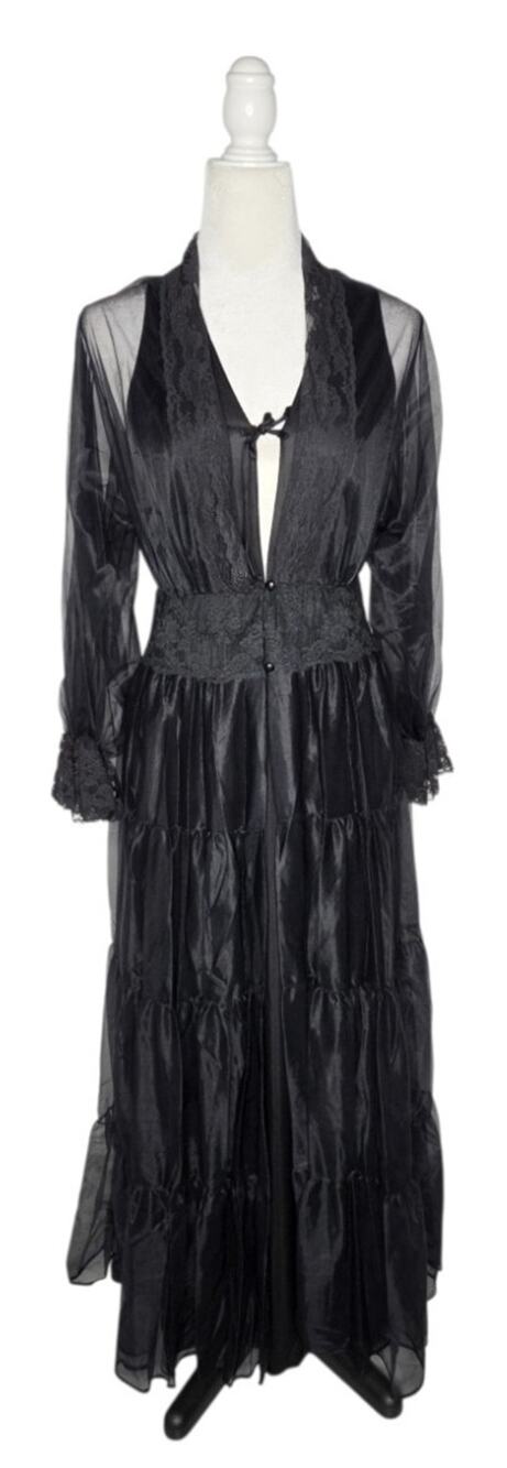 VTG Movie Star Black Sheer Lace Nylon Robe & Nightgown Set Size M Old Hollywood